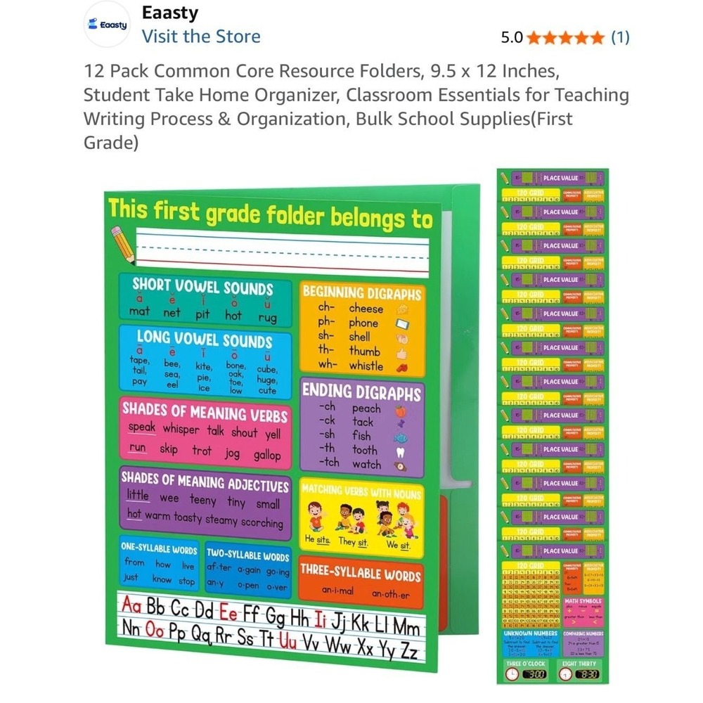 Eaasty 12 Pack Common Core Resource Folders 9.5x12 First Grade School Supplies